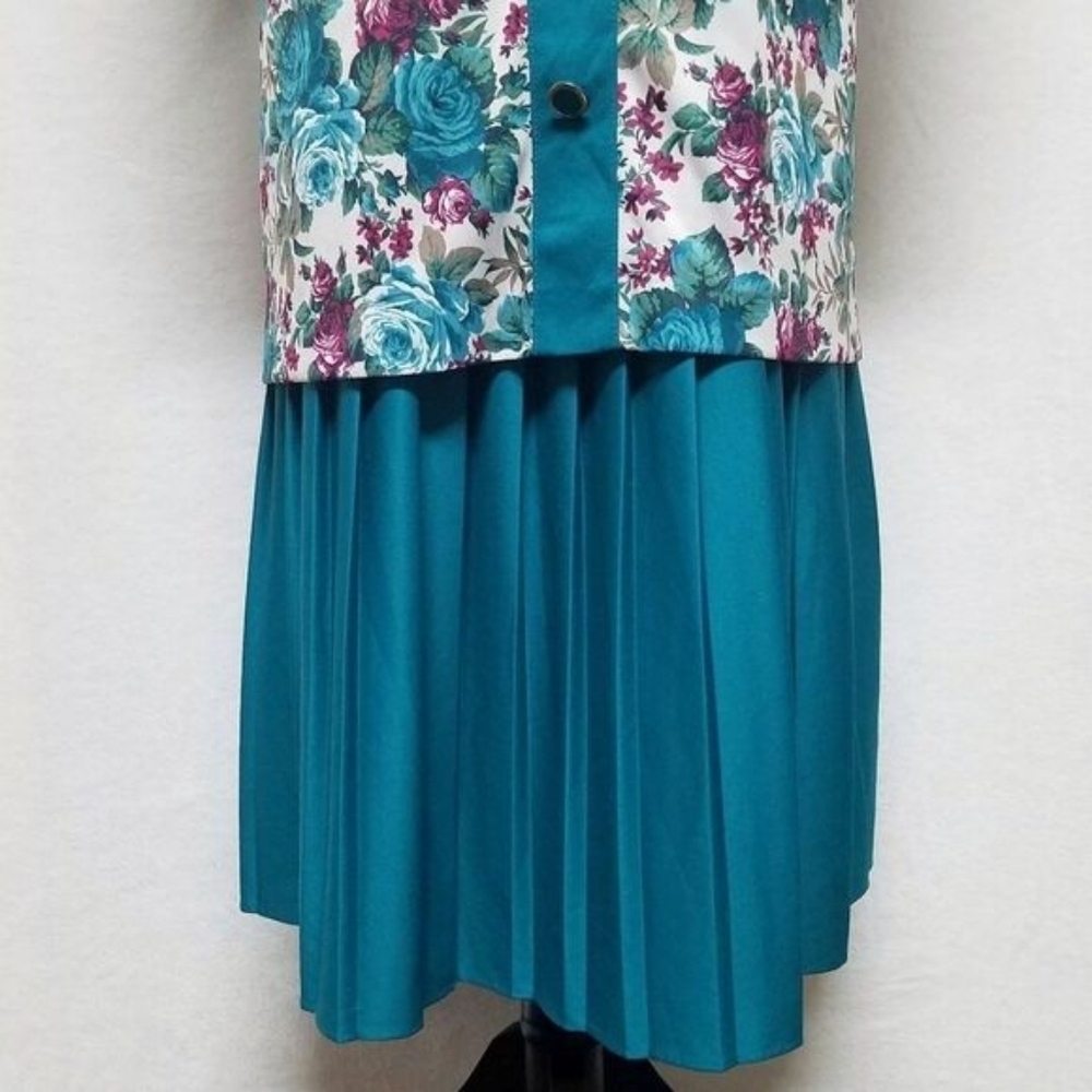 80s Vintage Classic Apparel Teal Cabbage Rose Pleated Quarter Sleeve Midi Dress - Picture 6 of 15